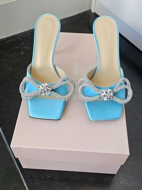 Mach & Mach Ocean Blue Crystal Bow Satin Slide Sandals